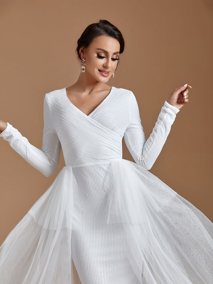 vlovelaw Mesh Panel Sequin Tiered Dress, Long Sleeve V Neck Mermaid Wedding Dress, Women's Clothing