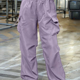 vlovelaw Plus Size Casual Pants, Women's Plus Solid Elastic Drawstring High Rise Loose Parachute Cargo Pants With Pockets