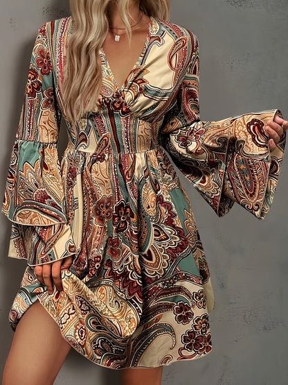 vlovelaw  Paisley Print V Neck Dress, Elegant Layered Ruffle Sleeve Dress For Spring & Fall, Women's Clothing