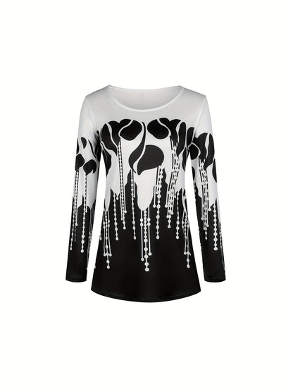 vlovelaw Abstract Print Casual Two-piece Set, Crew Neck Long Sleeve Tops & Long Length Slim Pants Outfits, Women's Clothing