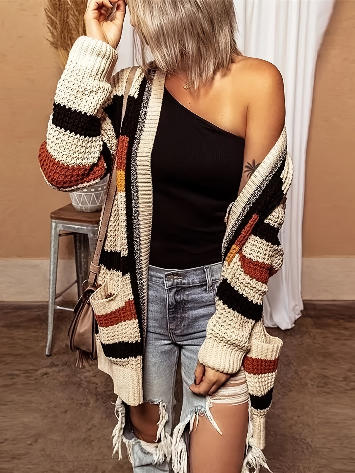 vlovelaw  Color Block Striped Knit Cardigan, Vintage Open Front Long Sleeve Sweater With Pocket, Women's Clothing