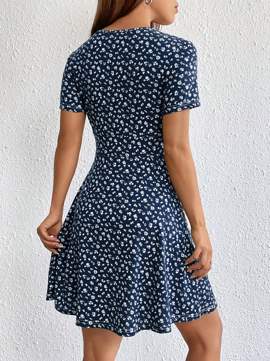 vlovelaw  Ditsy Floral Print Dress, Boho V Neck Short Sleeve Dress, Women's Clothing