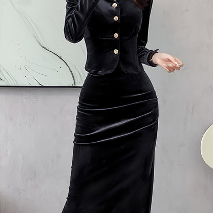 vlovelaw  Solid Bodycon Two-piece Set, Button Front Long Sleeve Tops & High Waist Midi Skirts Outfits, Women's Clothing