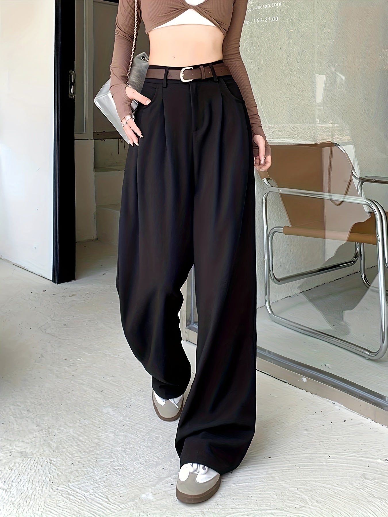 vlovelaw  Solid Pleated Wide Leg Tailored Pants, Casual High Waist Pants, Women's Clothing