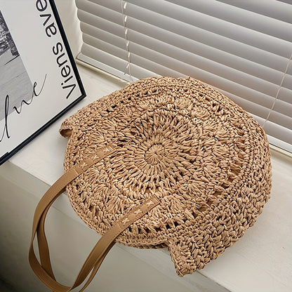Summer Hollow Design Round Straw Bag, Minimalist Woven Women's Shoulder Bag, Beach Bag