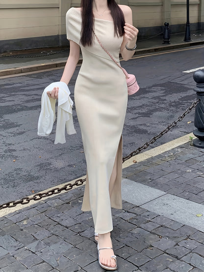 Solid Color One-shoulder Dress, Chic Skew Neck Split Hem Slim Dress, Women's Clothing