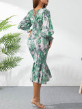 vlovelaw  Elegant V-neck Ruffled Bodycon Long Dress, Long Sleeve Print Waist Summer Slim Dresses, Women's Clothing