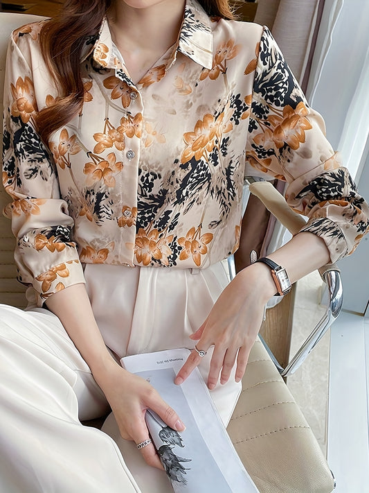 vlovelaw  Retro Floral Print Shirt, Long Sleeve Button Up Casual Top For Spring & Fall, Women's Clothing