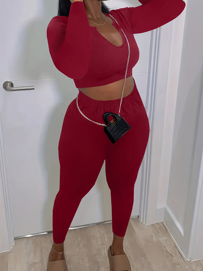 Sexy Matching Two-piece Set, Short Sleeve Crop Top & Skinny Pants Outfits, Women's Clothing