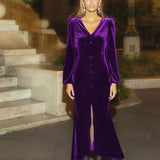 Button Front V Neck Dress, Elegant Solid Long Sleeve Party Dress, Women's Clothing