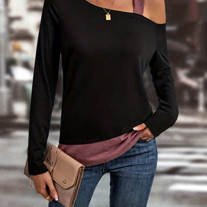 Colorblock Cold Shoulder T-Shirt, Casual Long Sleeve Top For Spring & Fall, Women's Clothing