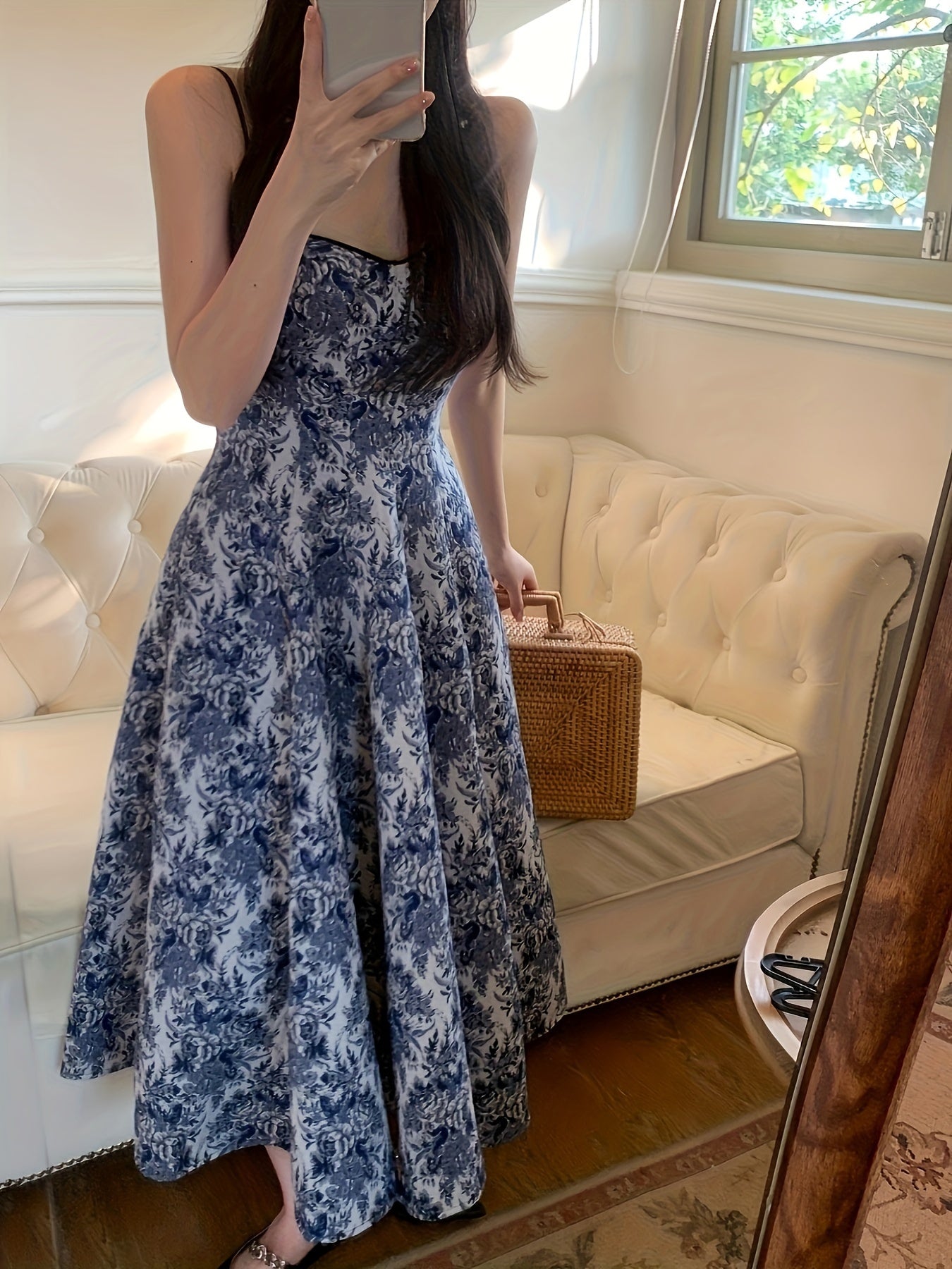 vlovelaw  Floral Print Swing Cami Dress, Elegant Sleeveless Spaghetti Strap Dress, Women's Clothing