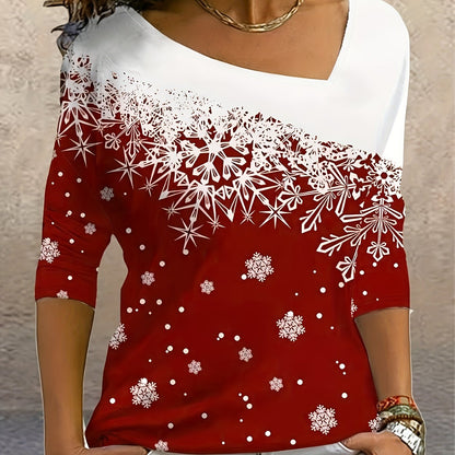 vlovelaw Snowflake Print Slant V Neck T-Shirt, Casual Long Sleeve Top For Spring & Fall, Women's Clothing