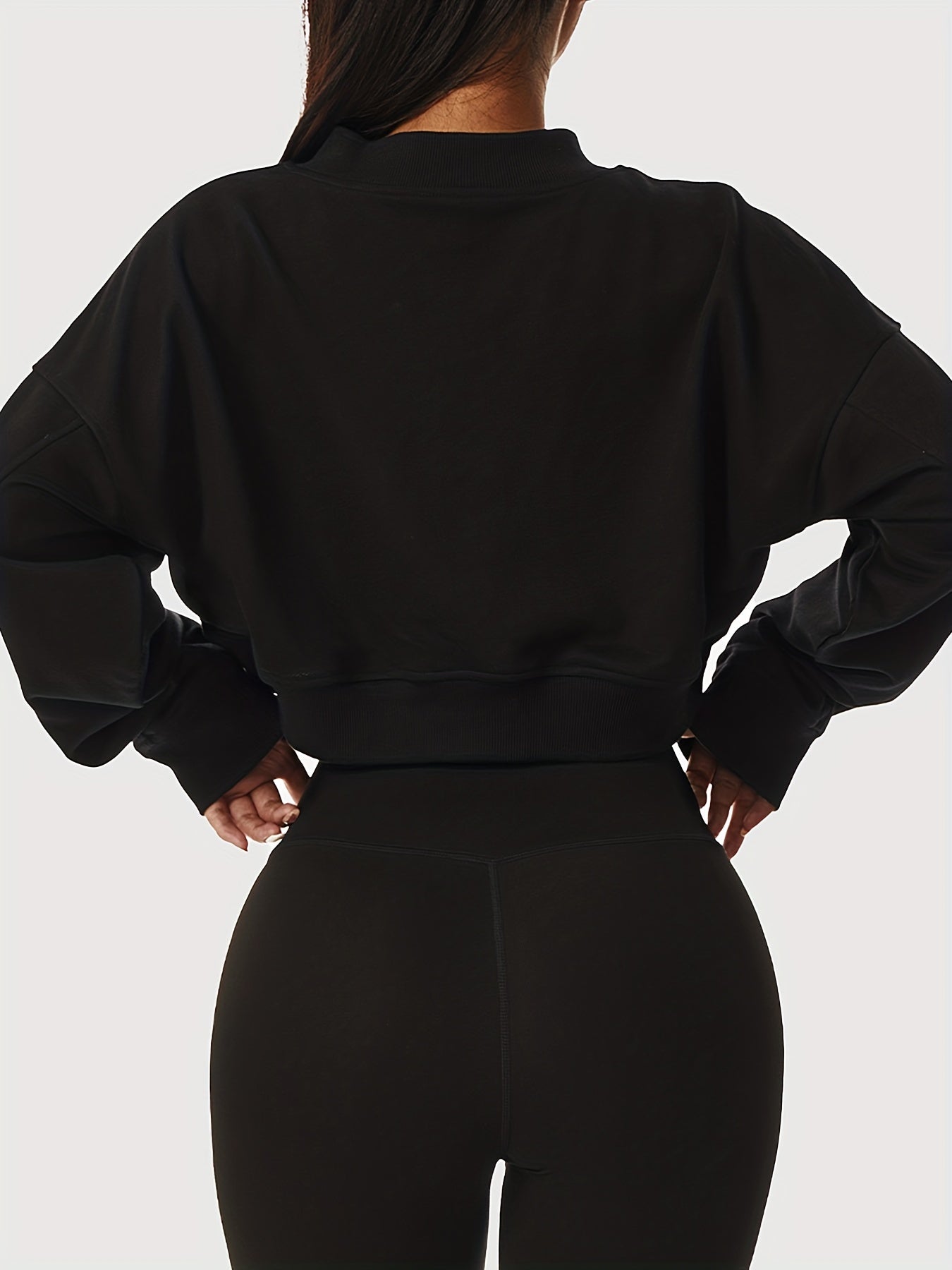 vlovelaw Solid V Neck Sporty Crop Sweatshirt, Casual Long Sleeve Drop Shoulder Sweatshirt, Women's Clothing