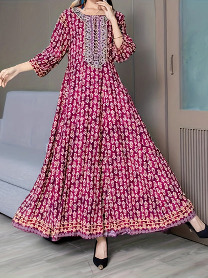 vlovelaw  Allover Print Three-quarter Sleeve Dress, Boho Crew Neck A-line Maxi Length Dress, Women's Clothing