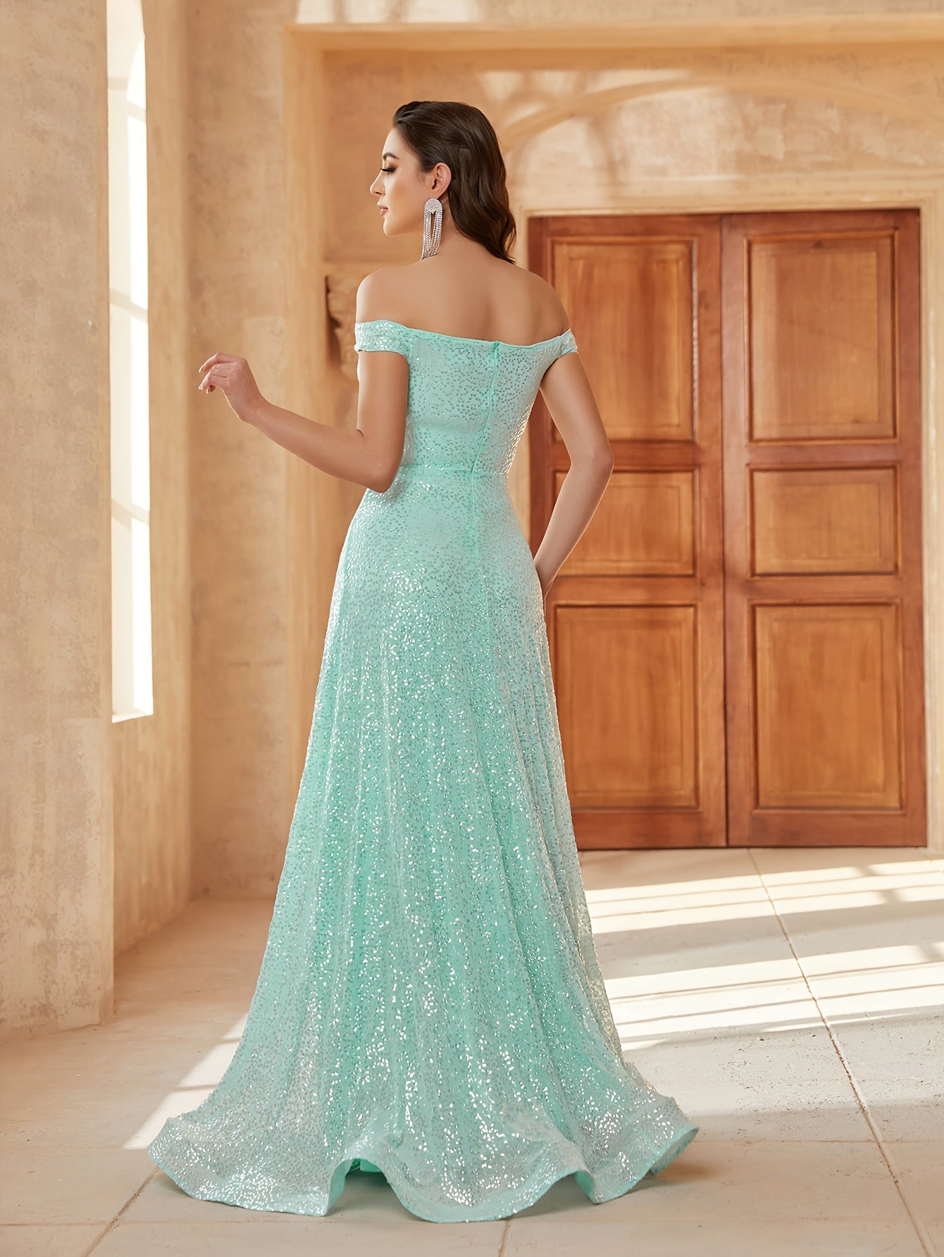 vlovelaw  Off Shoulder Sequined Dress, Elegant Sleeveless Bodycon Dress For Party & Banquet, Women's Clothing