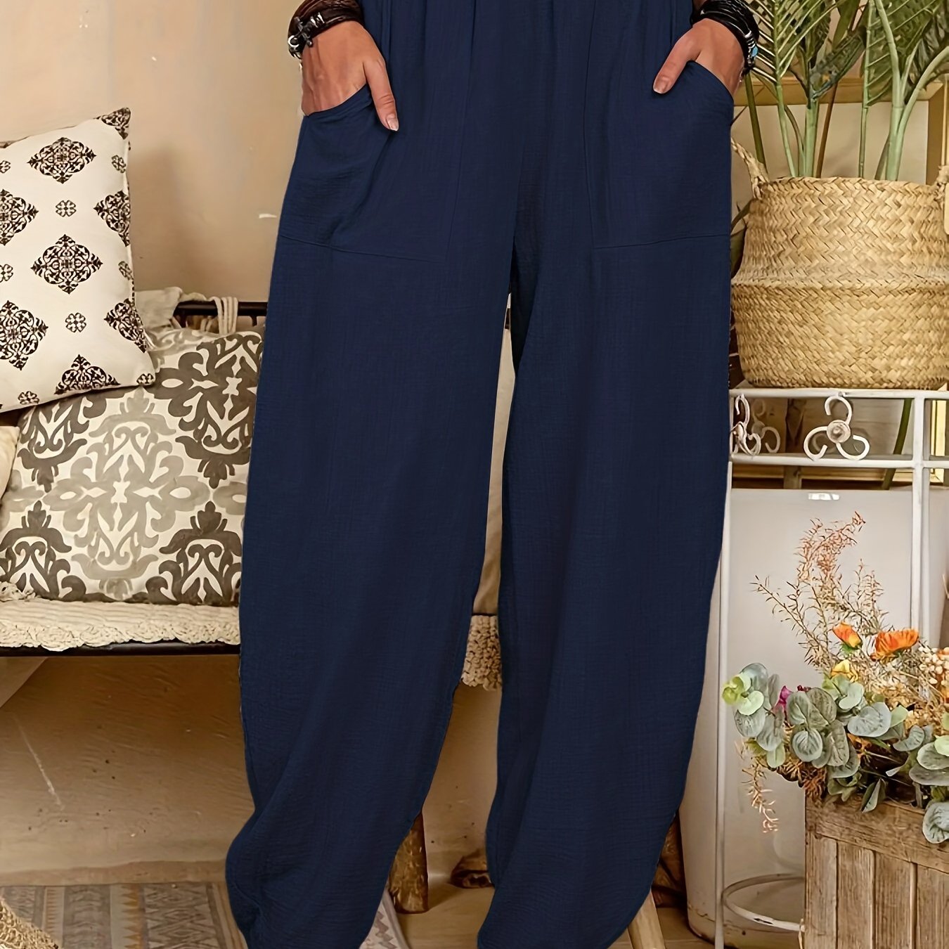 Pockets Baggy Harem Pants, Casual Loose Elastic Waist Pants, Women's Clothing