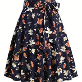 vlovelaw  Polka Dot Print Pleated Skirts, Vintage Bow Flare Skirts For Spring & Summer, Women's Clothing