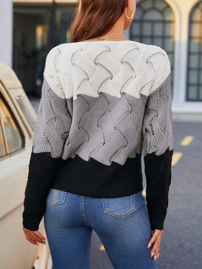 vlovelaw Cutout Colorblock Knit Sweater, Casual Crew Neck Long Sleeve Sweater, Women's Clothing
