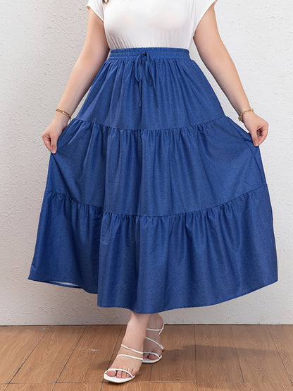 Plus Size Casual Skirt, Women's Plus Denim Print Drawstring Elastic High Rise Smock Skirt