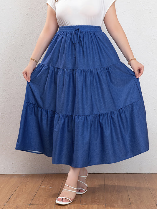 Plus Size Casual Skirt, Women's Plus Denim Print Drawstring Elastic High Rise Smock Skirt