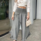 vlovelaw  Shirred Waist Ruffle Trim Pants, Casual Solid Pockets Comfy Pants For Spring & Fall, Women's Clothing