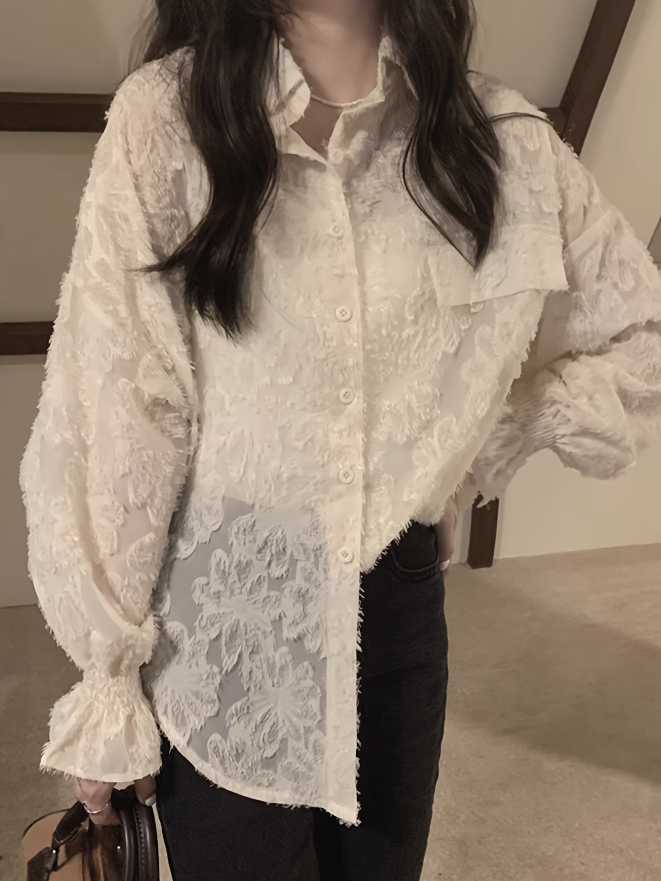 vlovelaw Floral Pattern Button Front Lace Blouse, Elegant Long Sleeve Loose Stylish Top, Women's Clothing