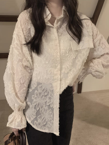 vlovelaw Floral Pattern Button Front Lace Blouse, Elegant Long Sleeve Loose Stylish Top, Women's Clothing
