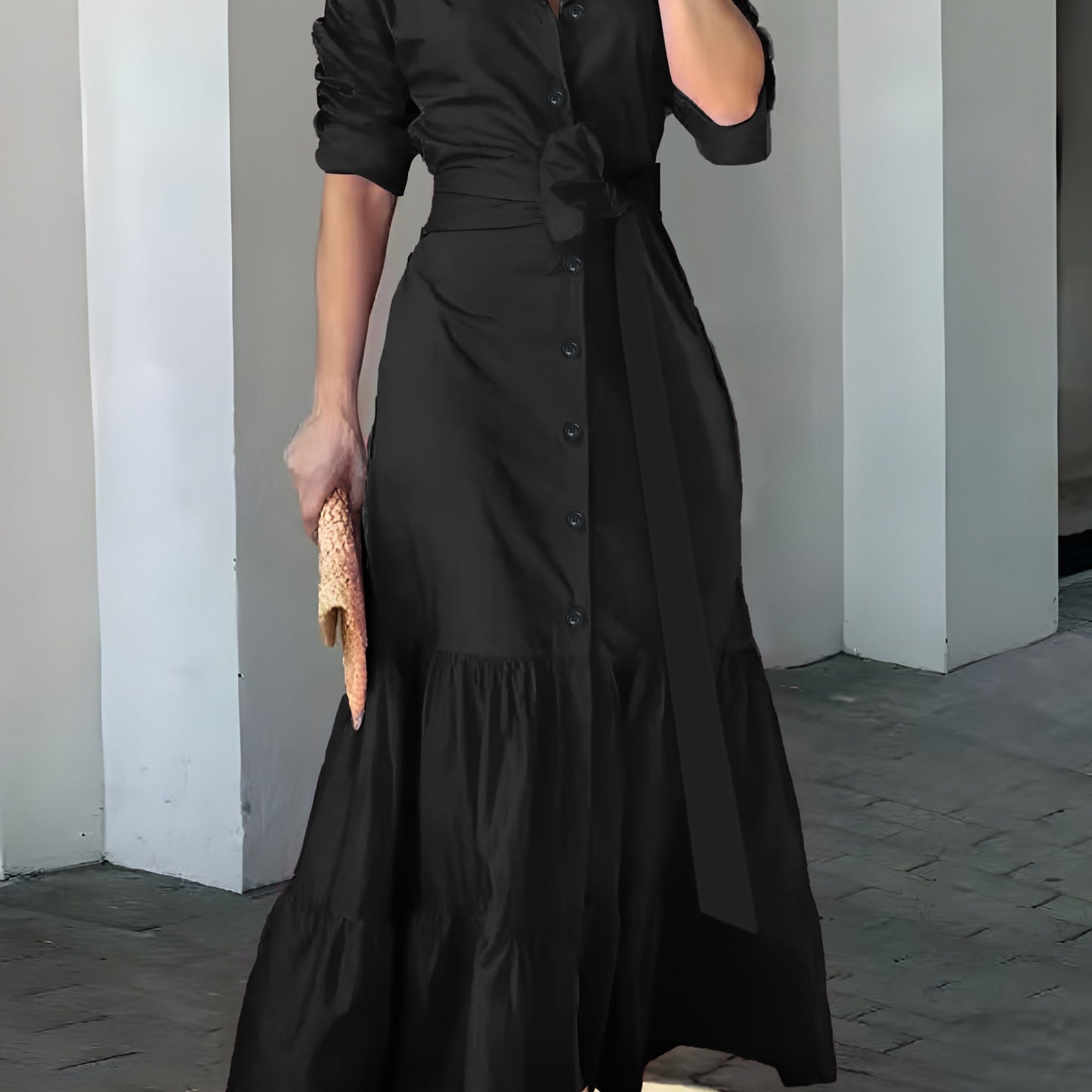vlovelaw Solid Button Front Belted Dress, Elegant Ruched Sleeve Ruffle Trim Maxi Dress, Women's Clothing