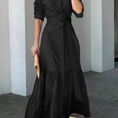 vlovelaw Solid Button Front Belted Dress, Elegant Ruched Sleeve Ruffle Trim Maxi Dress, Women's Clothing