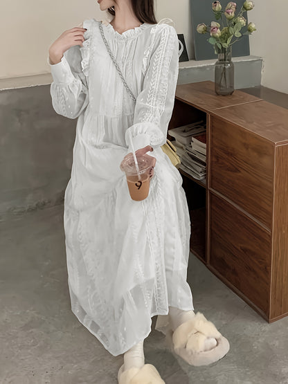 vlovelaw  Solid Ruffle Trim Belted Textured Dress, Elegant Long Sleeve Dress For Spring & Fall, Women's Clothing