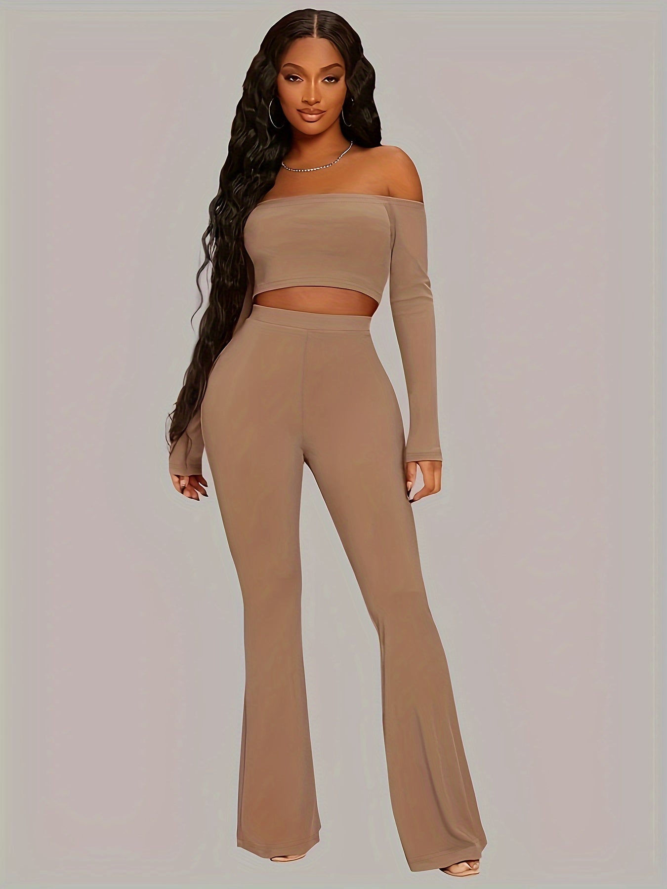 vlovelaw  Solid Casual Two-piece Set, Off Shoulder Long Sleeve Top & Flare Leg Pants Outfits, Women's Clothing