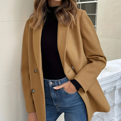 Double Breasted Lapel Blazer, Casual Solid Long Sleeve Outerwear, Women's Clothing