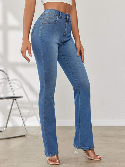 vlovelaw  Blue High Stretch Bootcut Jeans, Slant Pockets Washed Casual Denim Pants, Women's Denim Jeans & Clothing