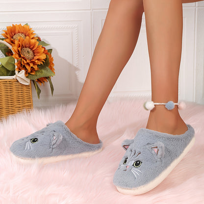 Cute Cartoon Cat Fuzzy Slippers, Creative Closed Toe Soft Sole Plush Flat Shoes, Winter Warm Home Slippers