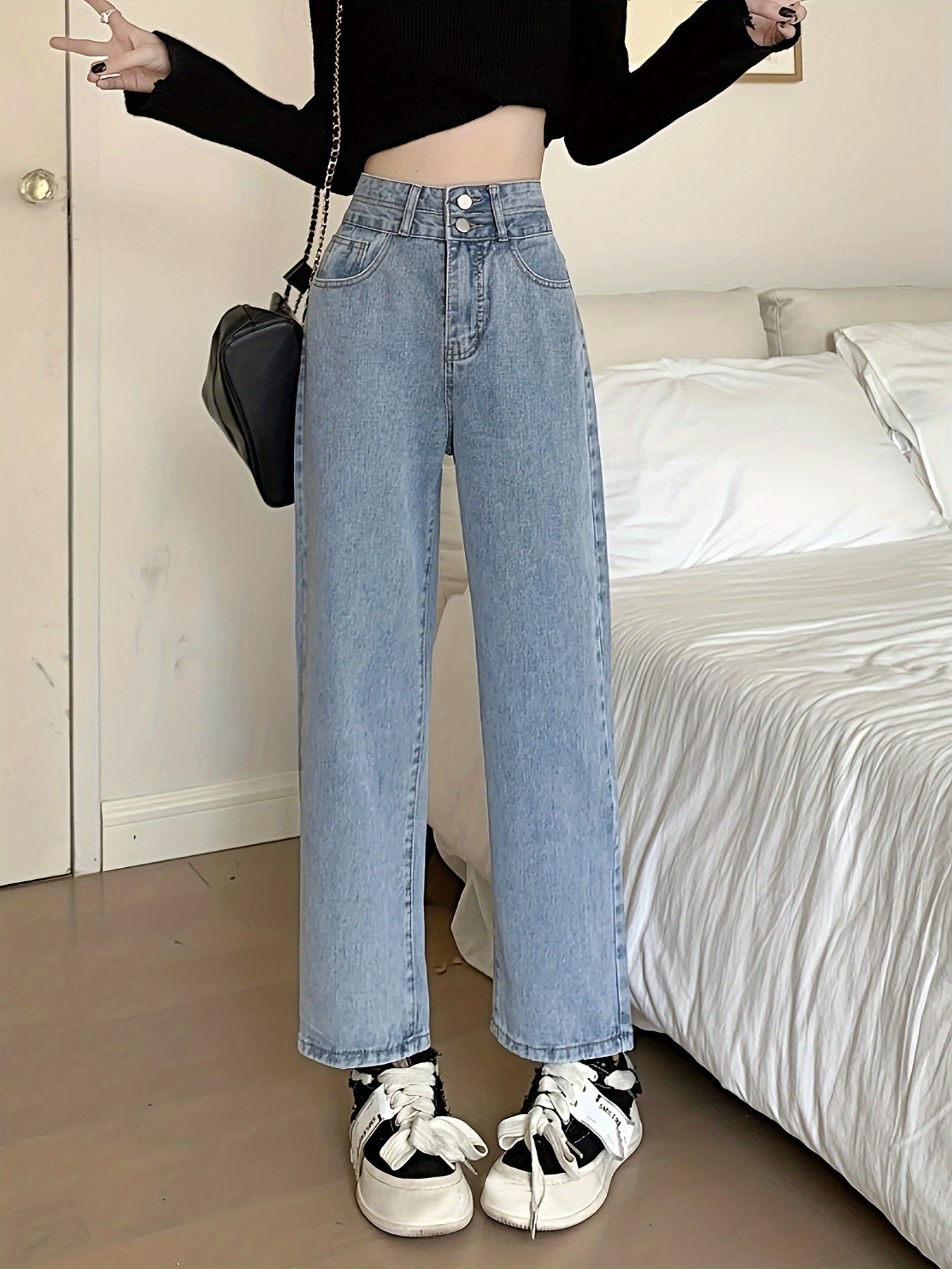 vlovelaw  Double Buttons Plain Straight Leg Jeans, High Rise Loose Fit Washed Blue Denim Pants, Women's Denim Jeans & Clothing