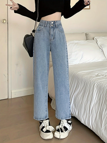 vlovelaw  Double Buttons Plain Straight Leg Jeans, High Rise Loose Fit Washed Blue Denim Pants, Women's Denim Jeans & Clothing