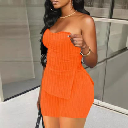 vlovelaw Solid Ribbed Two-piece Set, Slit Hem Sleeveless Tube Top & Flare Leg Pants Outfits, Women's Clothing