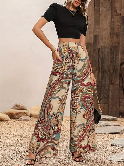 vlovelaw  Allover Print Wide Leg Pants, Elegant High Waist Loose Pants For Spring & Summer, Women's Clothing