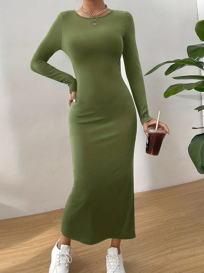 Solid Crew Neck Slim Dress, Elegant Long Sleeve Midi Dress, Women's Clothing