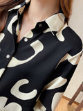 vlovelaw  Geo Print V-neck Loose Lapel Blouses, Casual Button Down Long Sleeve Fashion Shirts Tops, Women's Clothing
