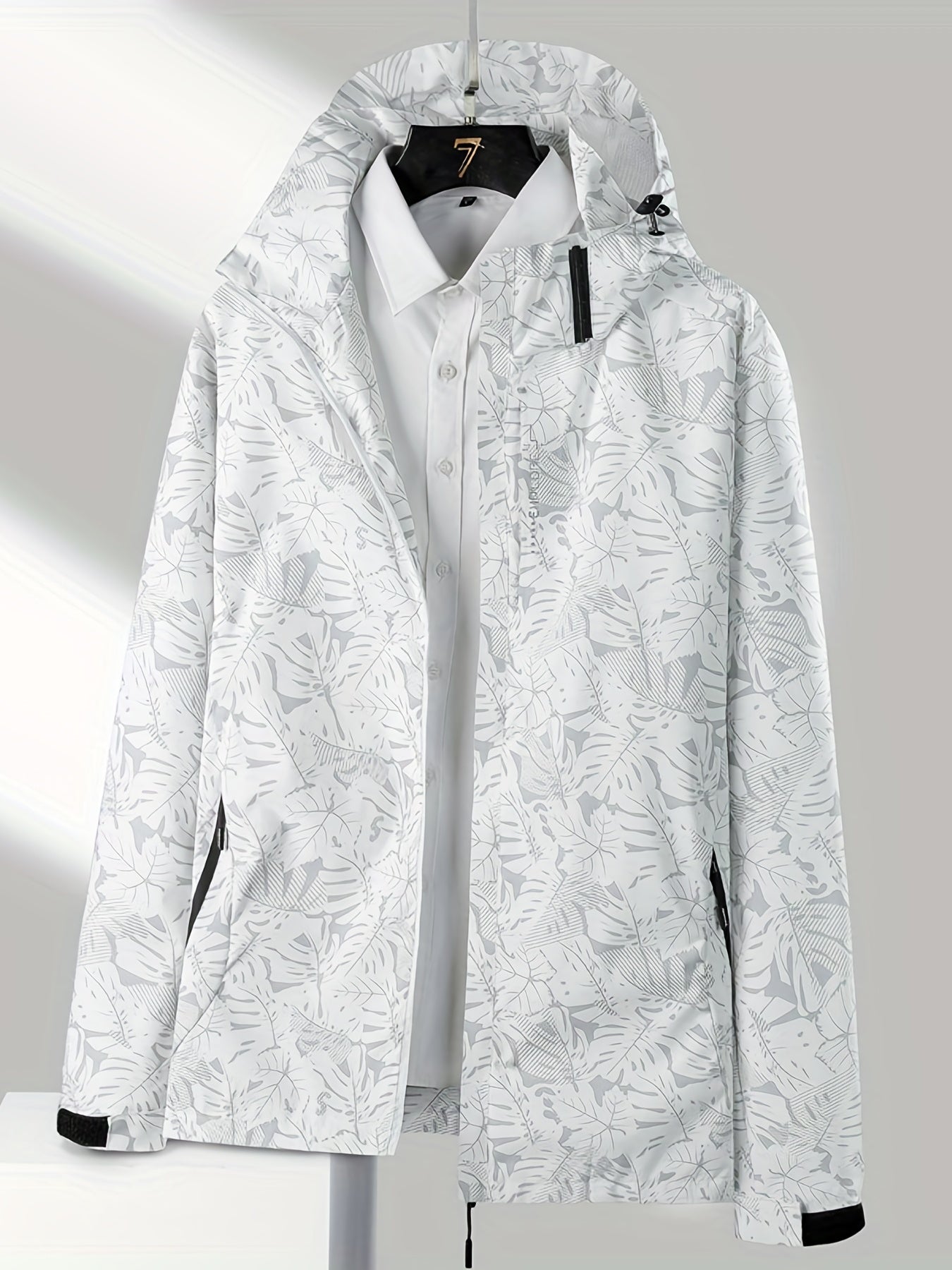 vlovelaw  Leaf Print Outdoor Jacket With Removable Hood, Women's Windproof & Rainproof Jacket, Women's Outdoor Clothing