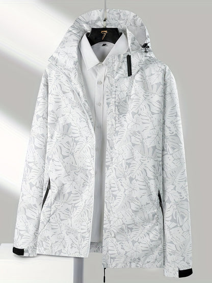 vlovelaw  Leaf Print Outdoor Jacket With Removable Hood, Women's Windproof & Rainproof Jacket, Women's Outdoor Clothing