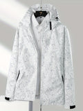 vlovelaw  Leaf Print Outdoor Jacket With Removable Hood, Women's Windproof & Rainproof Jacket, Women's Outdoor Clothing