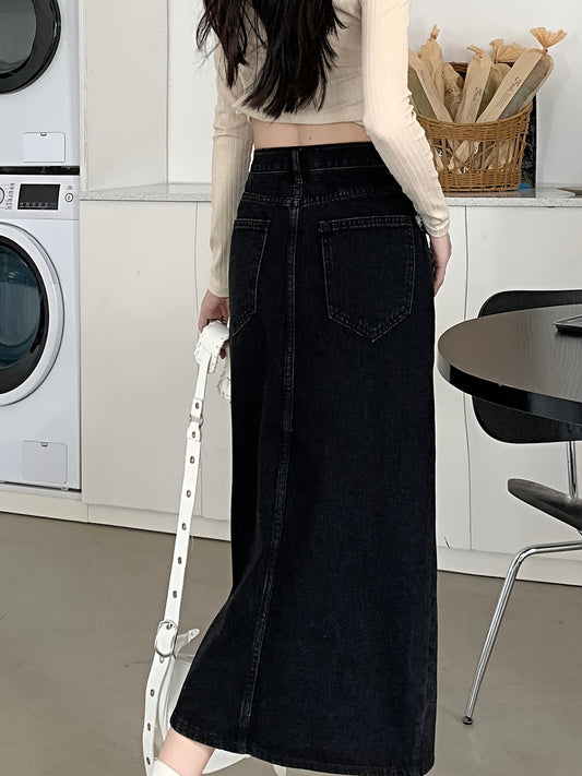 vlovelaw  Split Front Plain Black Denim Skirt, High Rise Casual Maxi Denim Skirt, Women's Denim Jeans & Clothing