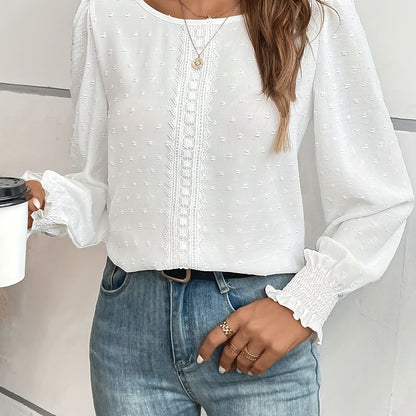 vlovelaw  Swiss Dot Crew Neck Blouse, Elegant Long Sleeve Blouse, Women's Clothing