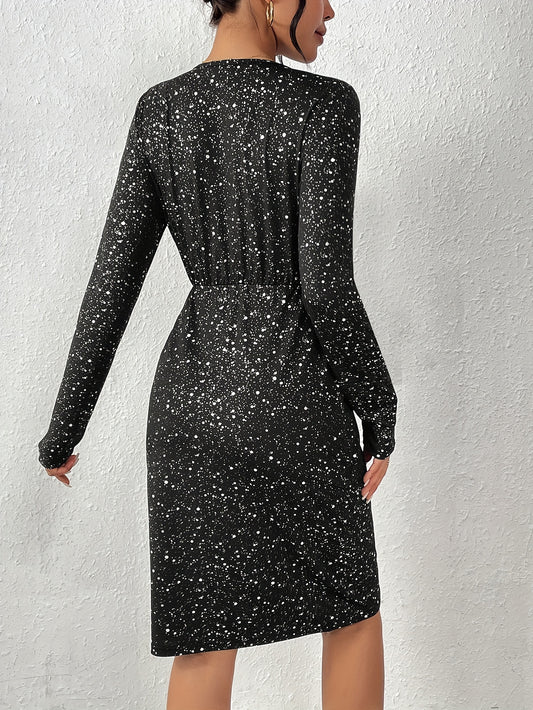 vlovelaw Bodycon Plunge Neck Sash Dress, Elegant Long Sleeve Slim Knee Length Dress, Women's Clothing