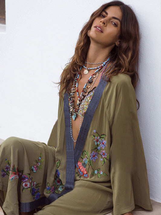 vlovelaw  Embroidery Floral Pattern Olive Green Kimono, Long Loose Sleeve Retro Beach Cover Up Shirt, Women's Swimwear & Clothing