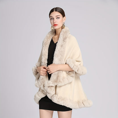 Mature Faux Fur Collar Shawl Solid Color Thickened Imitation Fox Fur Warm Large Cape Cardigan Women's Autumn Winter Outside Warm Coat Shawl