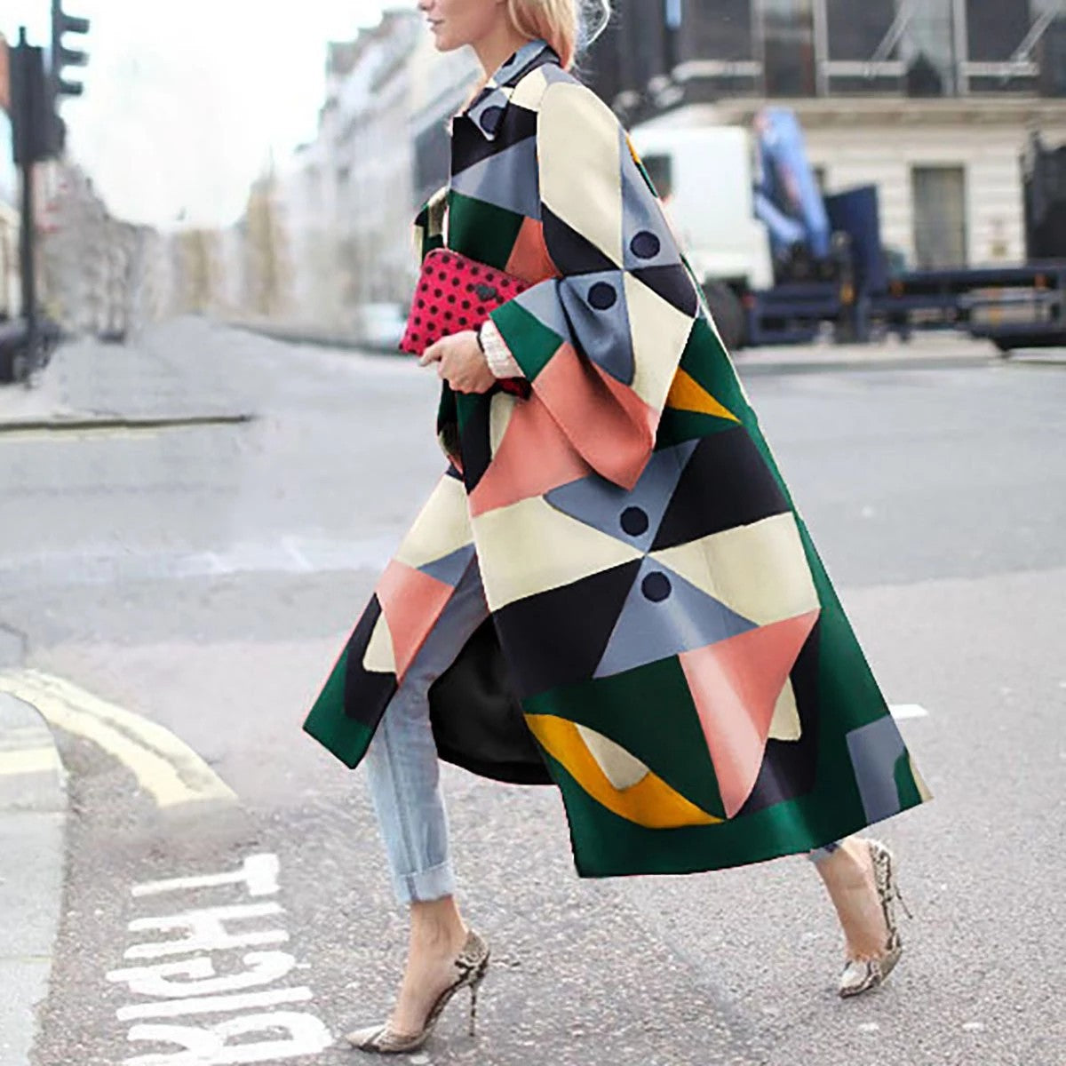 spring and autumn spot wish independent station ebay amazon long horn sleeve jacket printed loose trench coat women